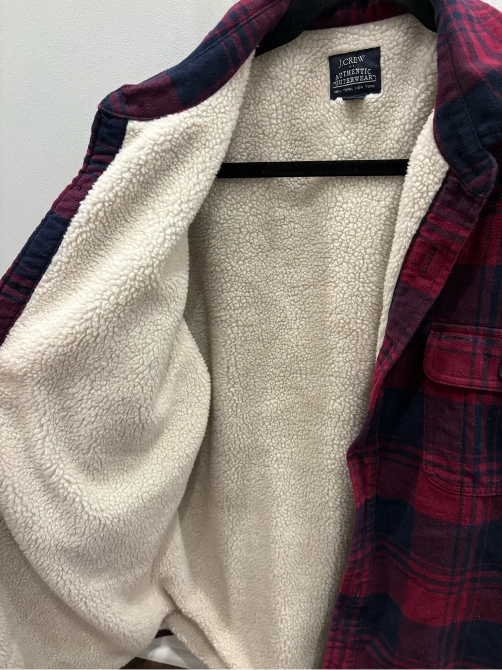 J.Crew Men’s Sherpa Lined Flannel Shirt Jacket Plaid Red Navy Medium Shacket